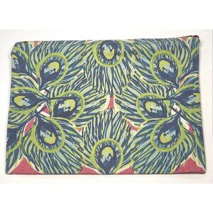 SALT & PALMS 12"x9" Blue/Green/Pink Canvas Peacock Print Toiletry Zipper BAG EUC
